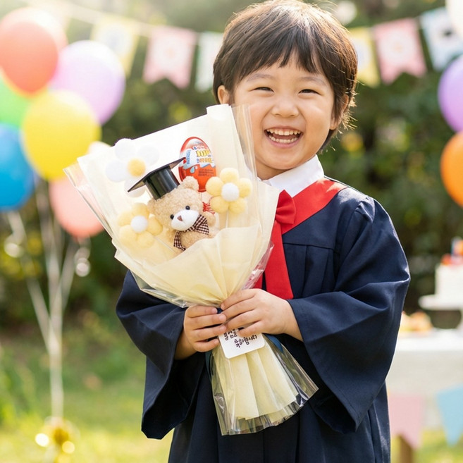 유치원 졸업식 꽃다발 킨더조이 학사모 어린이집 졸업식 꽃다발 인형꽃다발 학사모꽃다발 졸업축하 졸업선물 학예회, 1개, 옐로우
