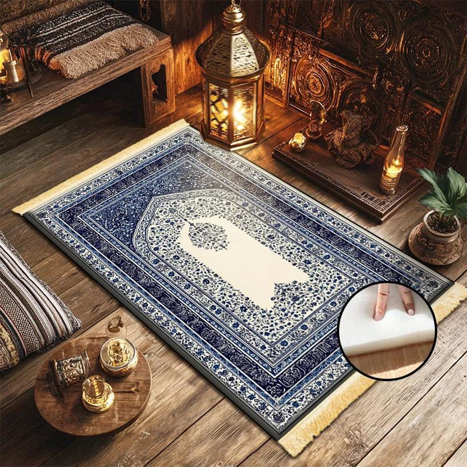 이슬람 기도 카펫 블루 플로럴 레트로 패턴과 태슬 장식이 무슬림 매트 미끄럼 방지 메모리폼