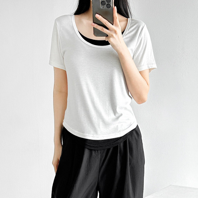 [레이어드한듯] 스쿱넥 배색 반팔T 투톤 신축성좋은 스판 여름 기본티 베이직 심플 데일리