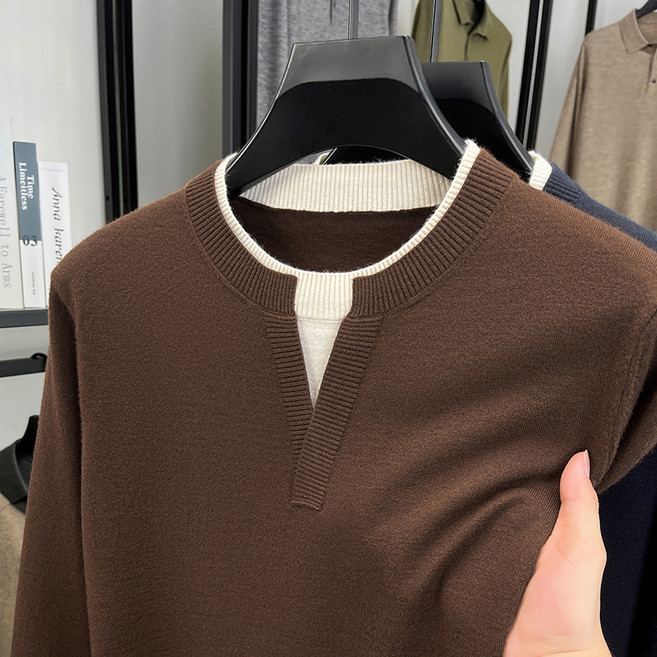 2025년 가을 패션 중년 통기성 캐주얼 스웨터 남성 한국판 패치워크 니트 V넥 가짜 투피스