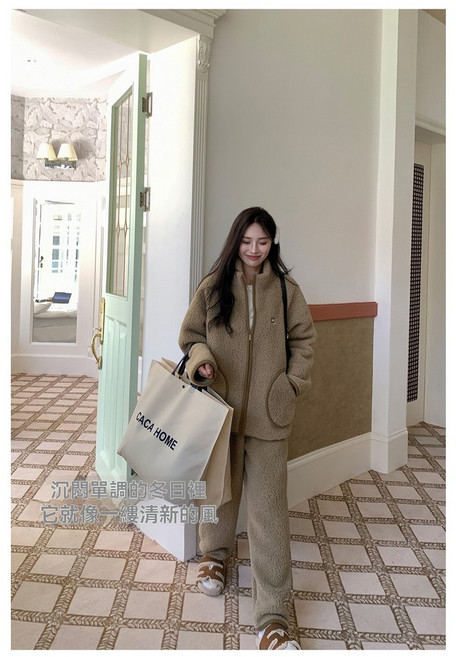 男女情侶羊羔絨睡衣 冬季保暖立領拉鏈家居服套裝