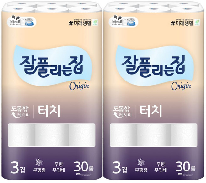 3겹 두루마리화장지 잘풀리는집 잘풀리는집화장지 터치 휴지 2팩 30롤, 30, 1개