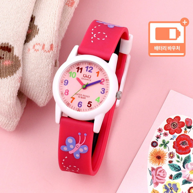 큐앤큐 정품 어린이 아동 100미터 방수 키즈 캐릭터 패션 초등학생 캐주얼 손목시계 + 배터리 바우처