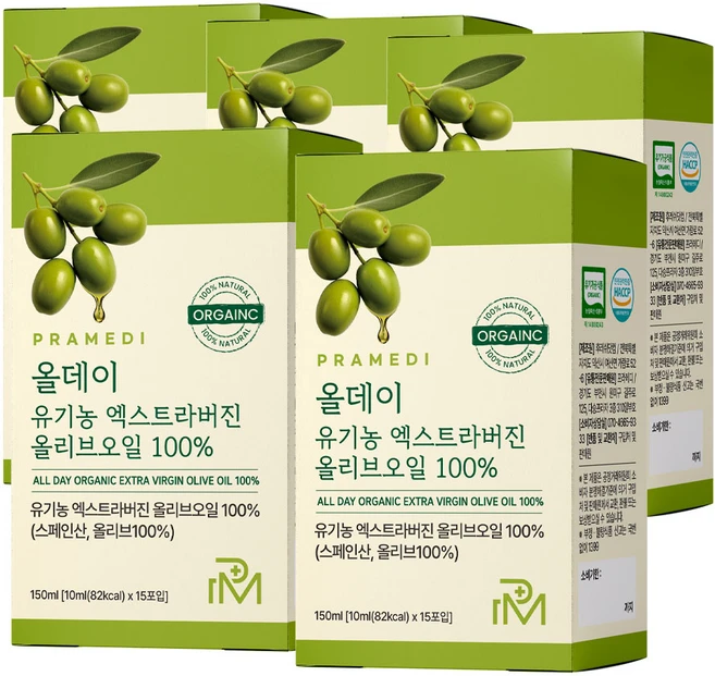 프라메디 산도 0.14 올데이 유기농 엑스트라버진 올리브오일, 5개, 150ml - 쿠팡