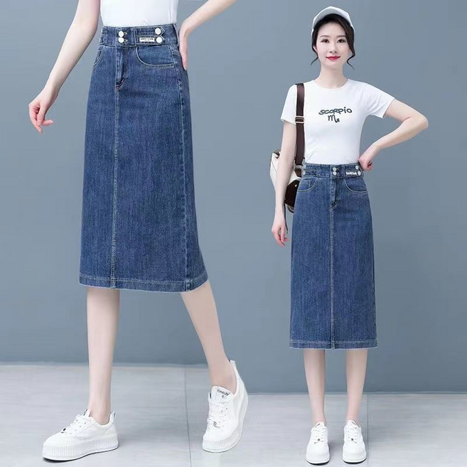 牛仔女半身裙 高腰 A字裙 顯瘦 中長款 休閒牛仔裙