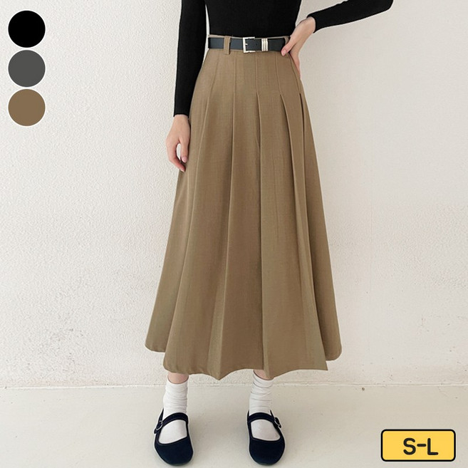 여리진 여성용 벨트 세트 A라인 플리츠 롱스커트 치마 3color 데일리 롱치마
