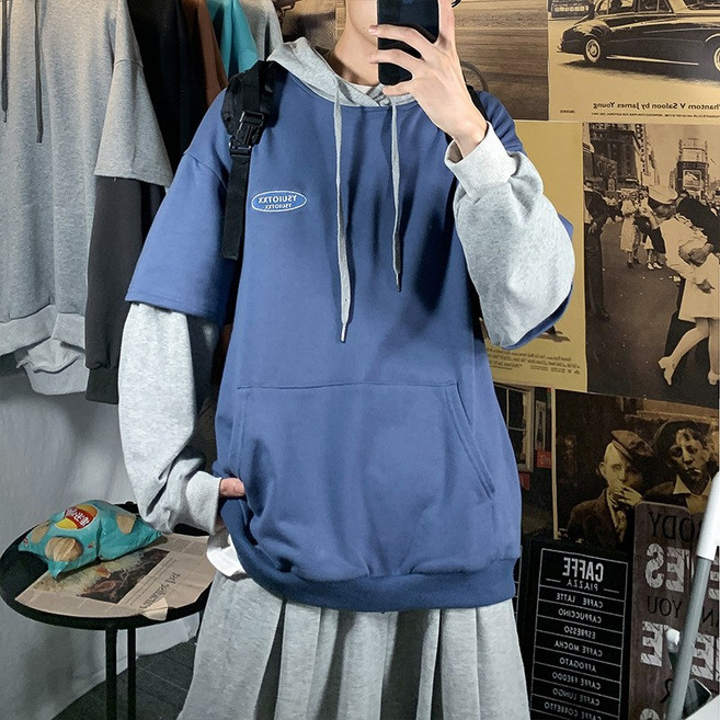 가을 겨울 Ins 홍콩 스타일 가짜 투피스 후드 양털 까마귀 남성 스타일 유행 느슨한 커플 풀오버 겉옷