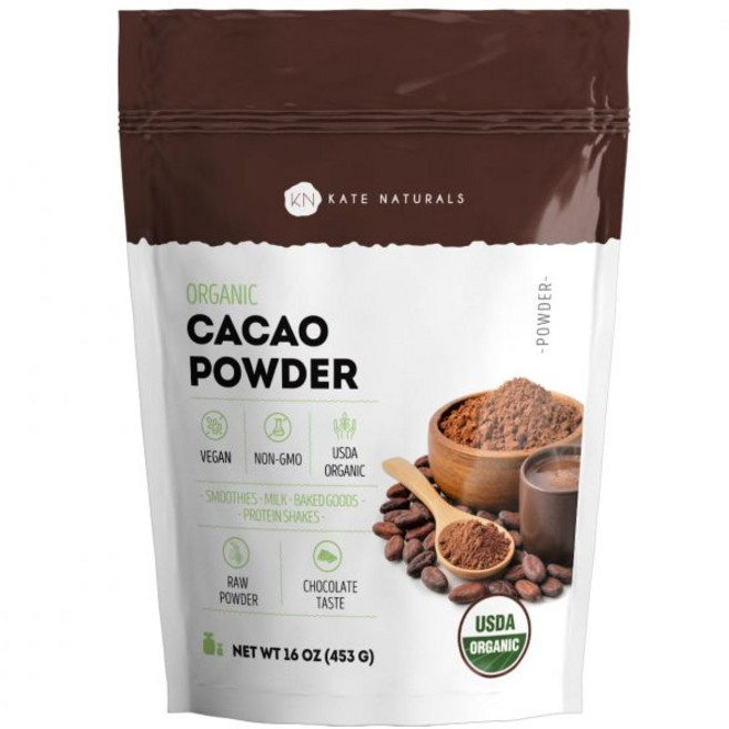 Kate Naturals 유기농 카카오 파우더 450g (16oz) - 무가당 생 카카오 파우더 Non-GMO 비건 글루텐 프리 진한 초콜릿 맛 (베이킹 및 스무디용), 16oz (Pack of 1)