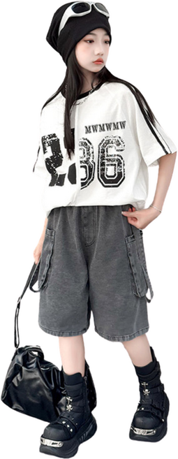 삐삐네옷가게 여름 숫자 티셔츠 주니어 카고 데님 버뮤다 팬츠 세트