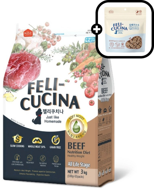 HDC 펠리쿠치나 소.프트 반습식 사료+펠리쿠치나 가수분해간식 오메가3&6 100g증정, 1개, 3kg, 소고기