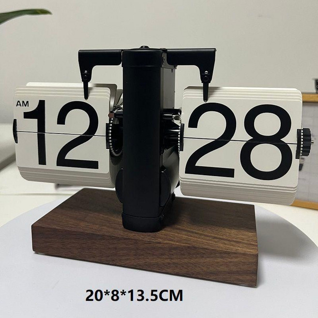 自動翻頁時鐘 木座顯示大數字座鐘 24小時制, 翻頁鍾胡桃木座12小時黑白送電池, 翻頁鍾胡桃木座12小時黑白