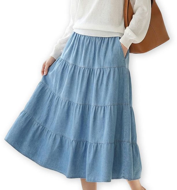 메리앤유 4단 티어드 캉캉 청 데님 밴딩 플레어 스커트 여성 A라인 롱 치마