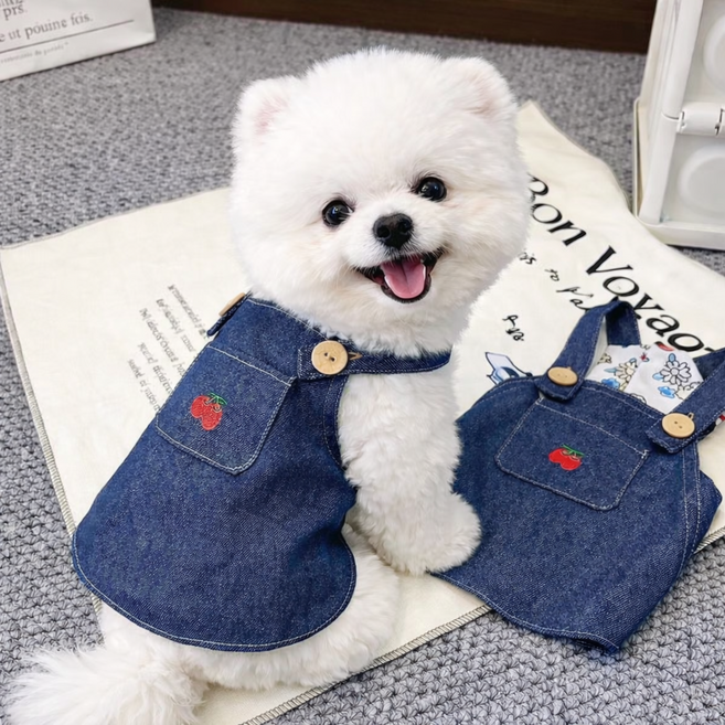 멍담 강아지 체리 청멜빵 치마 똑딱이 버튼 간편 착용, 1개, 청색