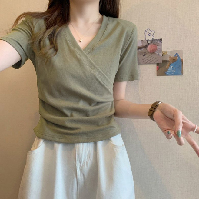 SELLDOCTOR 브이넥 셔링 면 모달 요가복 상의 여성 반팔티