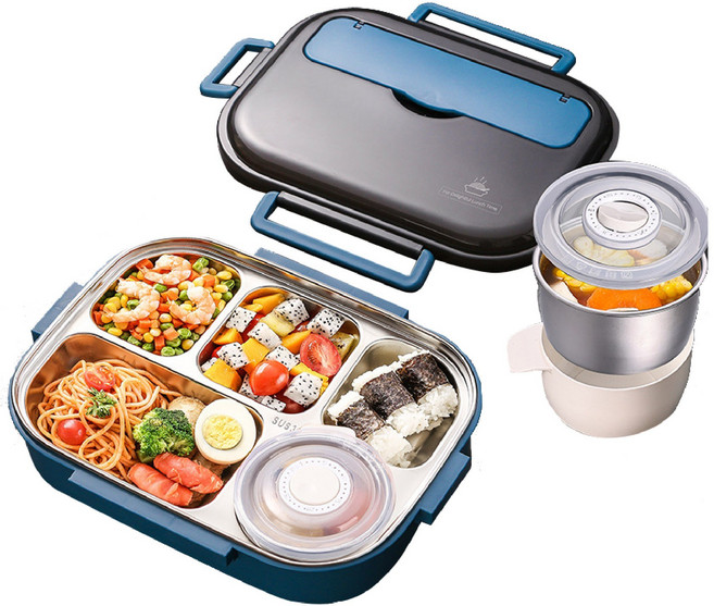 小學生便當盒 餐盤 分隔餐盒 不鏽鋼便當盒 裝湯便當盒, 藍色餐盒 內置將隨機出貨 L號 2000ml五格, 1個