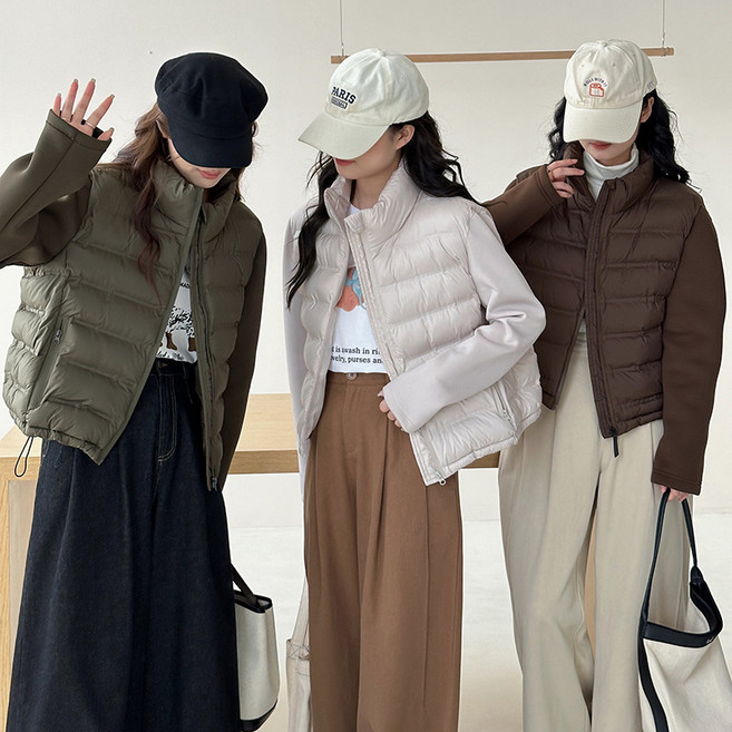 AOUGK 여성 숏패딩 자켓 터틀넥 블록한 경량패딩 코트 슬림핏 골프점퍼 데일리 가을 겨울