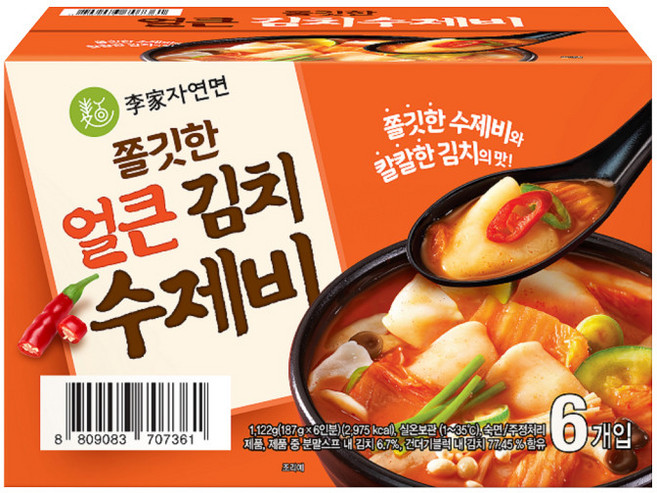 이가자연면 쫄깃한 얼큰 김치수제비, 187g, 6개