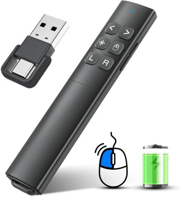 에어 마우스가 있는 프레젠테이션 클리커 - 포인터가 USB C 무선 프레젠터 원격 RF 2.4프레젠테이션용 GHz 파워포인트 클릭기, Black