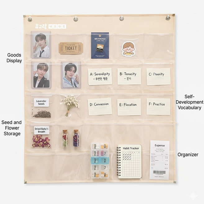 다용도 벽걸이 수납 현관 멀티 포켓 25칸 약달력 생활비 용돈 습관달력 무타공 흡착판 75x66.5cm, 1개, 1개