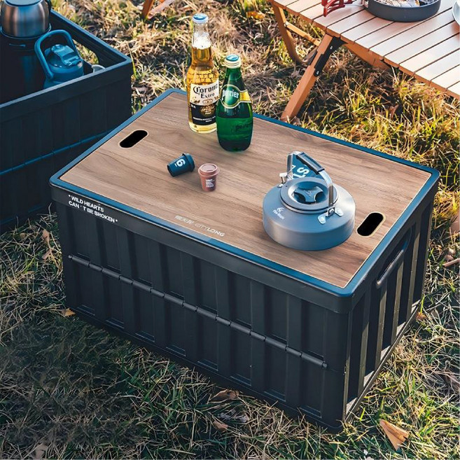 Citylife 접이식 수납함 우드 상판 플라스틱 정리박스 적층 가능 캠핑용, 블랙, 1개