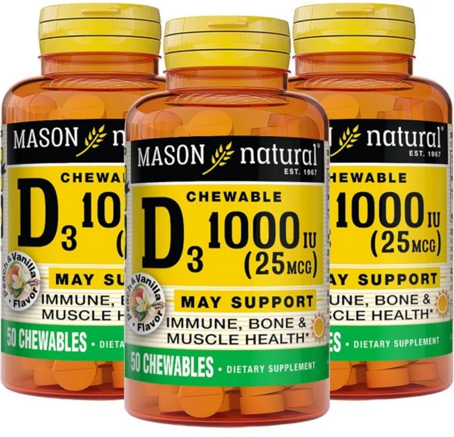 비타민D 메이슨 내추럴 비타민 D3 25mcg (1000 U) 하고 와 강화하며 복숭아 바닐라 맛 츄어블 50개(3팩), 50정 - 쿠팡