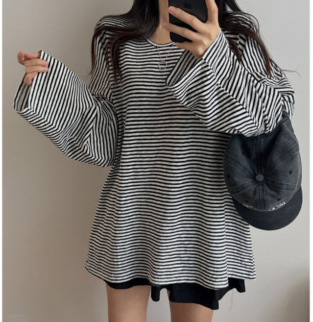 마이쏭 여성 빅사이즈 봄신상 여름긴팔 루즈핏 래퍼단가라박스긴팔티