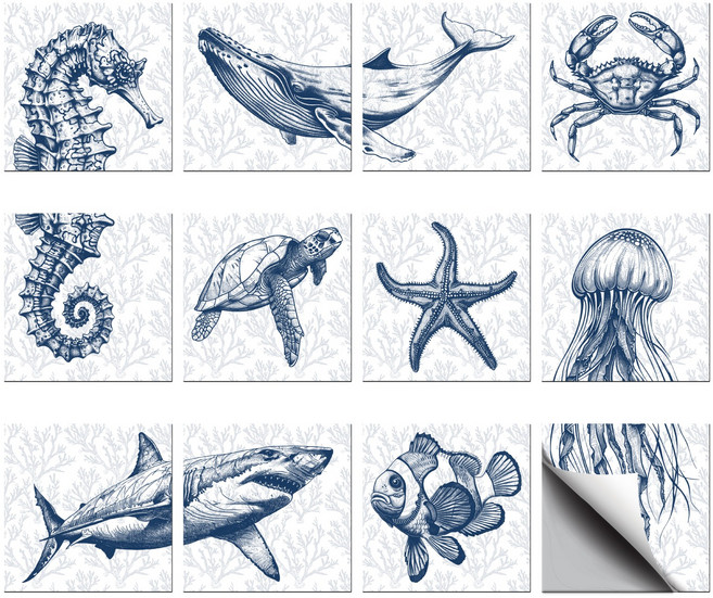 PVC 타일 시트지 세트 다양한 패턴 방수 주방 욕실 리폼 장식 10x10cm 12가지 다른 디자인 1세트 총 36개, 스틸블루