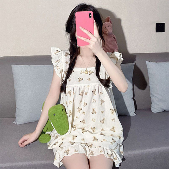 시크베리 여성용 홈웨어 심플 프릴 민소매 나시 잠옷 파자마 세트