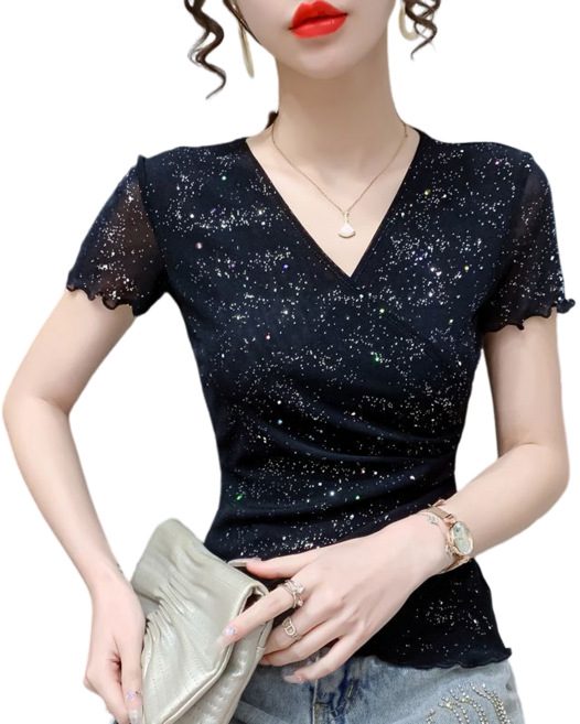 댄스복 상의 여성용 브이넥 망사 스팽글 목이버섯 반팔 티셔츠 뉴타임즈F302711