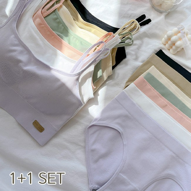 "1+1 SET" [일체형패드/노와이어] 두줄끈 패치 브라렛세트 언더웨어 골지면속옷 데일리 편한 여자속옷 여성속옷