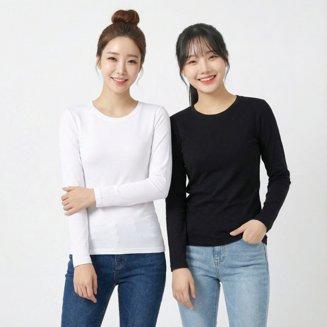 바이로이 1+1 여성 무지 라운드넥 긴팔티