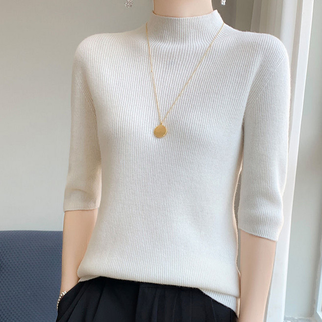 캐주얼 여성 반팔 반폴라 니트티 봄가을 슬림핏 반목 반팔 이너티셔츠 데일리 여자 5부 반팔라티 니트 LCC