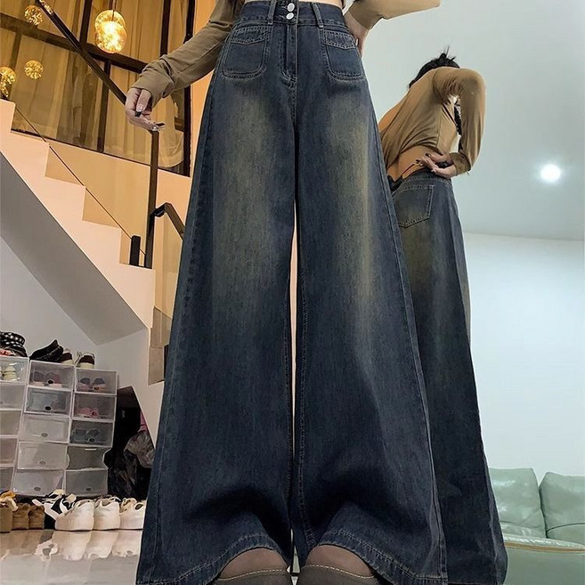 DIU 淺藍色雙扣闊腿牛仔褲女春夏新款高腰寬鬆顯瘦直筒垂感輕薄