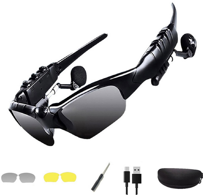 글라스 스마트 안경 블루투스 선 이어폰 골전도 테 편광, 블랙, 블루투스 안경+투명렌즈+옐로우주야렌즈