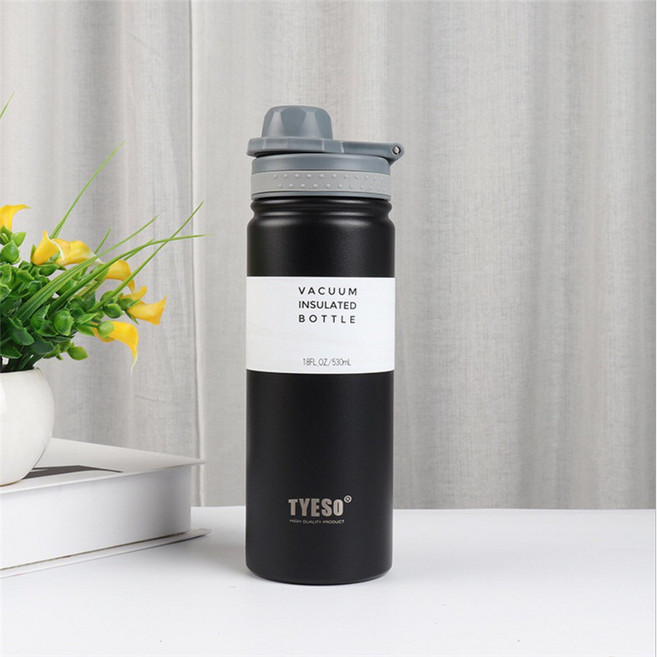 TYESO 泰碩 日式保溫杯 304不鏽鋼大容量保溫杯 防漏旋轉杯蓋附提手運動保溫杯 戶外運動水壺, 黑色,750ml, 1個
