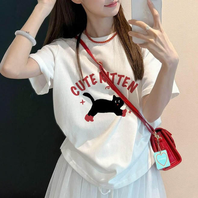 허블리 여성 프린팅 라운드넥 면 반팔 티셔츠