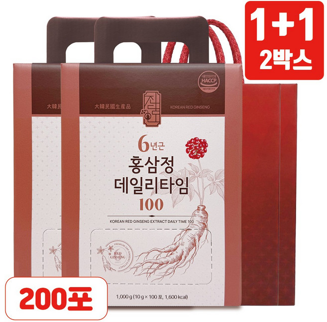 [역대급 구성 1+1] 6년근 홍삼정 스틱 총 200포 (전용 쇼핑백 증정 / 하루한포 건강선물), 2박스, 100회분