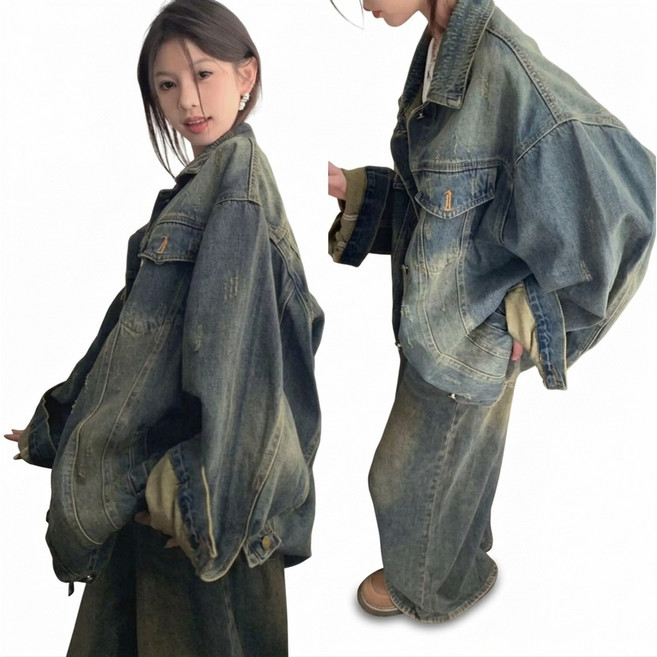 데님 재킷 여성 G 진 오버 사이즈 빈티지 스타일 지장 워시 가공 빅 실루엣 빠짐 느낌 드롭 숄더 칼라 긴팔 캐주얼 가을