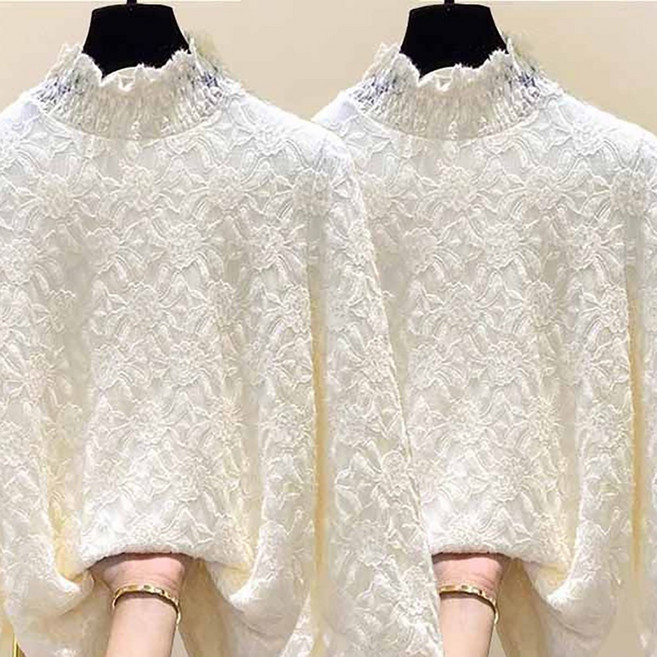 ROYALBELLE 1+1 (2종세트) 여성 빅사이즈 기모 두꺼운 반폴라 레이스 펀칭 패치워크 보온 이너 긴팔 티셔츠 Z0103110