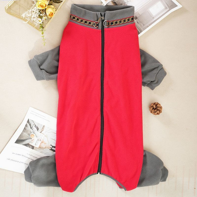 四腳寵物秋冬保暖加絨加厚狗衣服 大型犬防寒服, 紅灰四腳衣,[2XL] 背長40胸圍51, 1個