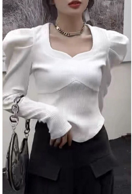 봄 가을 여자 긴팔 니트티 프렌치 퍼프소매 스퀘어넥 스웨터 여성용 슬림핏 이너 상의 LT