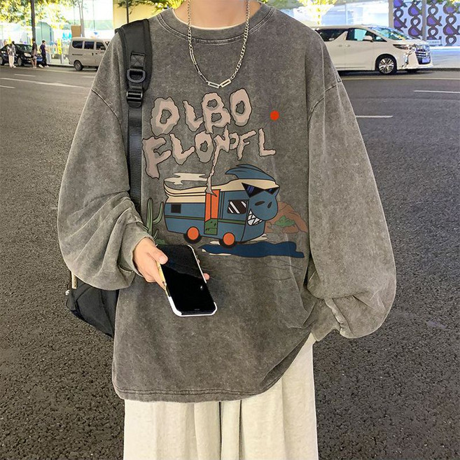 Skyciky 워싱 빈티지 중량 후드 없는 남성 가을 오버사이즈 긴팔 상의 JJ1119