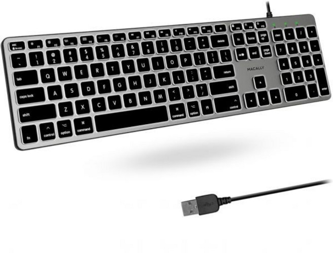 Macally 백라이트 맥 키보드 - 조용하고 세련되며 기능적 3가지 밝기 수준 107개의 키 5피트 USB 유선 Apple Mac iMac MacBook ProAir용 Spa, 스페이스 그레이, Space Gray, Space Gray, 1개