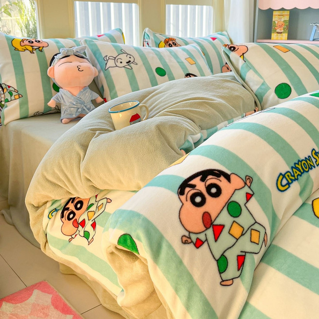 짱구 공식 라이센스 겨울 부드러운 극세사 털 이불/베개/패드 커버 세트+준펑이커머스 머리끈