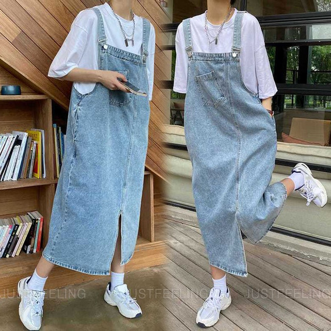 앞 트임 데님 멜빵 원피스 데일리룩 캐주얼 와이즈 청원피스 미디 롱 여성 날씬해 보이는 나시원피스 JUSTFEELING