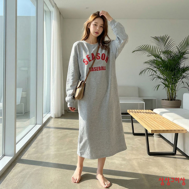 상상그이상 여성용 국내제작 간절기 베이스볼 원피스 빅사이즈 레터링 롱티셔츠 심플 포인트 사계절 면 데일리룩