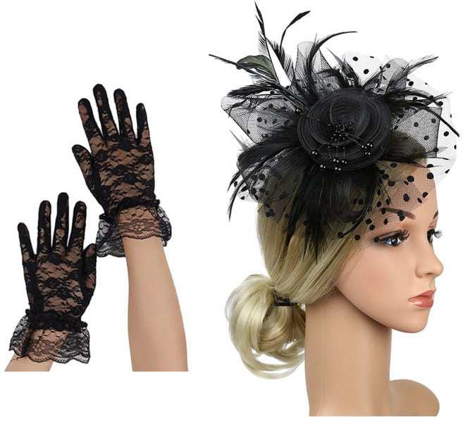 우아한 파시네이터와 손목 레이스 장갑 레이스 장갑과 섬세한 툴레 베일링이 포함된 파티 신부 헤어 액세서리 세트
