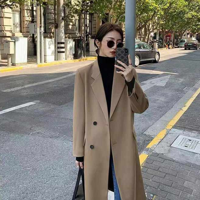 ORZQU 여자 봄 가을 롱 정장 코트 루즈핏 싱글 트렌치 캐주얼 정장 코트