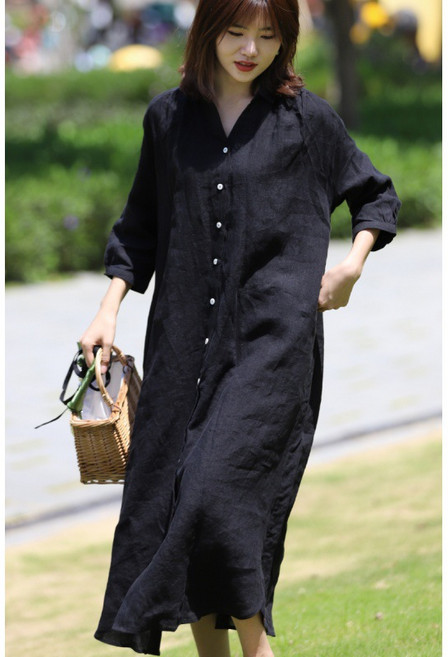 POMTOR 여성 검정색 빅사이즈 전개트 셔츠 원피스