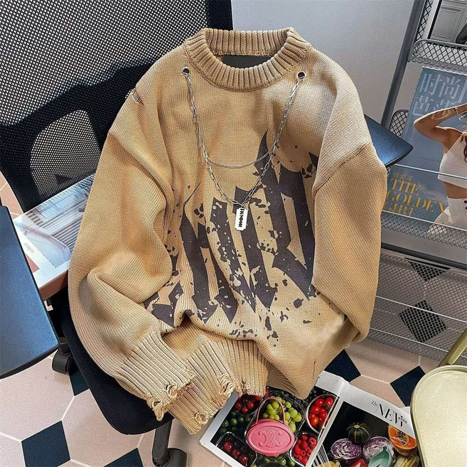 JIEVE 아메리칸 찢어진 레터링 스웨터 가을 겨울 남성복 긴팔 오버핏 디자인 니트